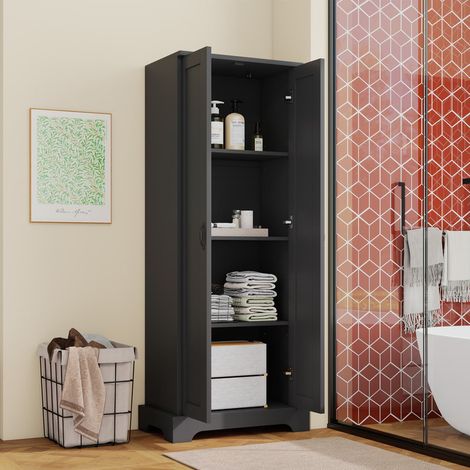 Meuble de salle de bain haut 56×40×170 cm, laque résistante à l’humidité – Double portes, 4 étagères réglables, charnieres soft-close – Noir