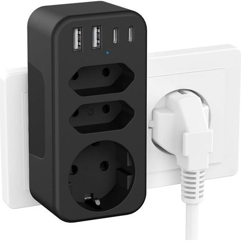 Steckdosenverteiler – Lade-Hub – Mehrere Geräte gleichzeitig laden – 4 USB-Anschlüsse – 7 Anschlüsse – Schwarz