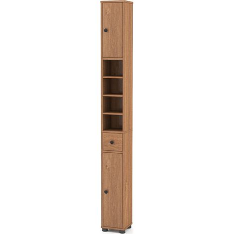 Pour petits espaces, optimisez le rangement avec cette colonne de salle de bain slim à 1 tiroir, coloris naturel (1/5)