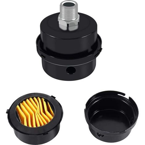 SABIR Lot de 2 filtres à air compresseurs, filetage 3/8" 16 mm, silencieux pour compresseur d'air sans huile de rechange (métal noir) (1/5)