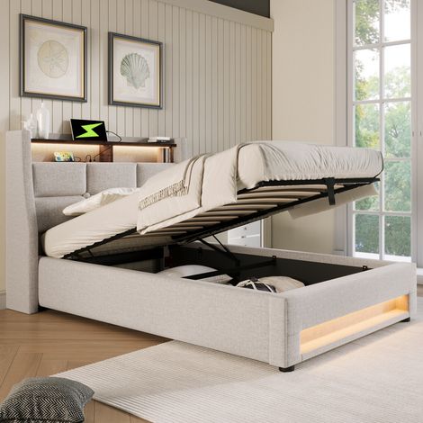 Cama individual 90x200 cm tapizada cabecero acolchado con almacenaje lino color beige (Sin colchón) (1/5)