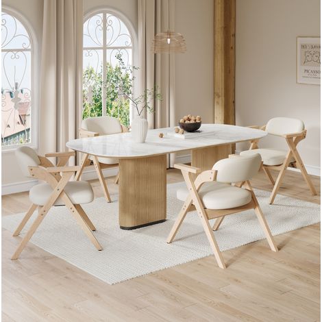 4er-Set klappbare Esszimmerstühle mit Armlehnen aus Holz und beigem Leinen OKMYHOME (1/5)