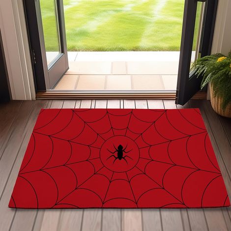 Tapis d'entrée décoratif Halloween en forme de toile d'araignée rouge, 51 x 81 cm, antidérapant, pour porte d'entrée intérieure et porche/entrée extérieure, facile à nettoyer. (1/5)