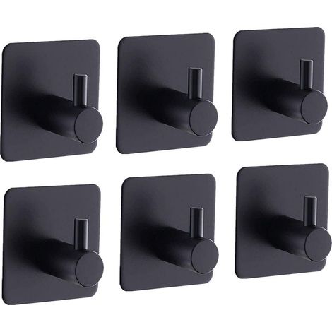 Lot de 6 crochets à serviettes sans perçage, crochets muraux autocollants, crochets de porte, crochets de salle de bain, crochets adhésifs mats, idéal pour salle de bain, toilettes, cuisine (noir) (1/5)