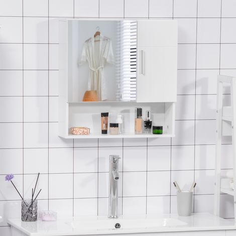 Miroir de salle de bain avec rangement, étagères réglables, armoire à 2 portes avec étagère ouverte en bois et verre, 54x15.2x55.3 cm, blanc (1/5)