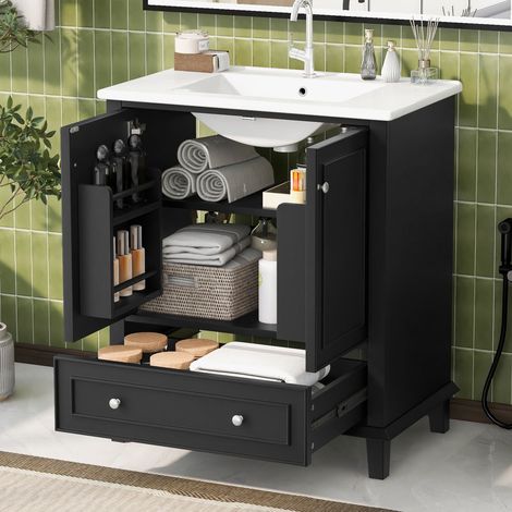 Meuble de salle de bain avec vasque en céramique Noir,meuble sous vasque,avec 2 portes et 1 tiroir,76 x 46 x 87 cm,MDF (1/5)
