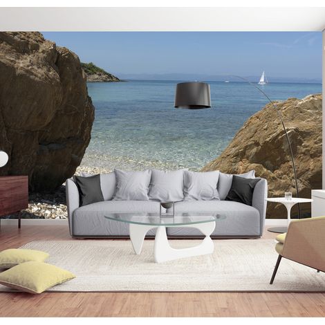 Papier peint intissé bord de mer, 270 cm X 250 cm, rêvez toute l'année, voilier au loin, paradis pour les pieds dans l'eau. (1/5)