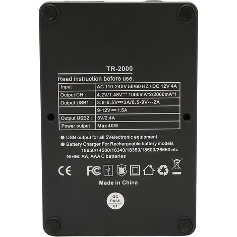Chargeur intelligent à 2 emplacements pour batteries 18650 avec sortie USB QC3.0, compatible avec les batteries 26650, 18650, 18350, 17670, 17500, 16340 et 14500 (AA, AAA, SC, C). Alimentation 110-240 (1/5)