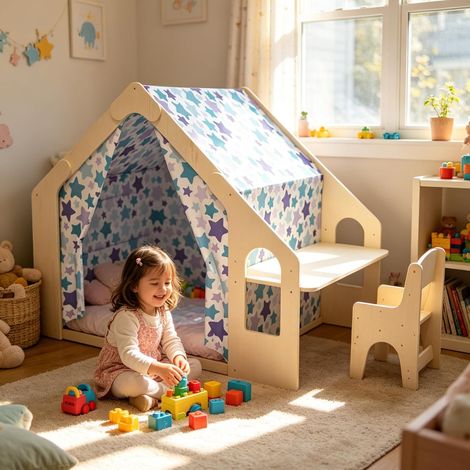 Tente de Jeu Enfant en Bois avec Table et Chaise, Maisonnette Intérieure avec Rideaux Étoilés et Coussin, Cabane de Jeu Créative pour Enfants (1/2)