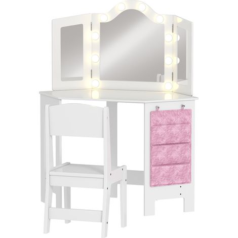 Coiffeuse enfant 2-en-1 blanche avec tabouret, miroir triptyque lumineux LED bicolore 93,6 x 48,5 x 111,5 cm (1/5)