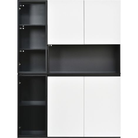 Aparador alto moderno blanco y negro de MDF con cristal y LED integrados 120x40x160 cm (1/5)