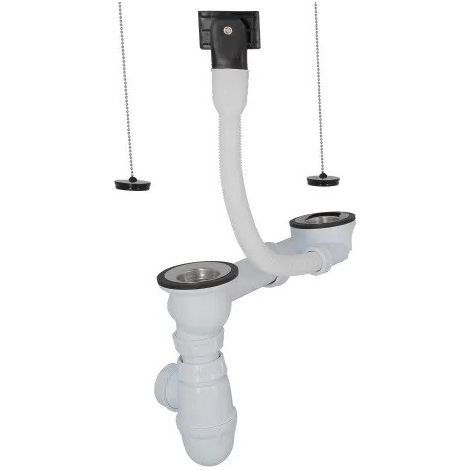 Nicoll – Vidage complet évier inox 2 bacs Ø70 – Siphon réglable avec trop plein interchangeable – Prise machine à laver – Plateau inox