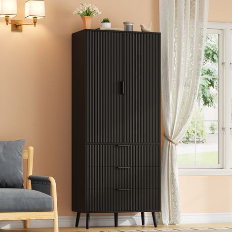 Buffet de rangement 75x35x180 cm, meuble de cuisine avec 2 portes et 3 tiroirs, étagères réglables, façade rainurée, MDF, Noir (1/5)
