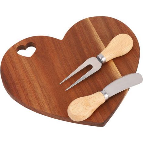 Planche À Fromage - Forme Cœur En Bois - Avec Coupe-Beurre Et Fourchette À Beurre - Pour Apéritifs Et Dégustation - 1 Pièce (1/5)