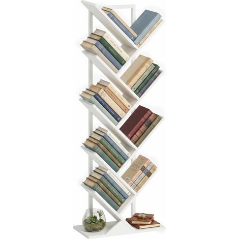 9-stufiges Baum-Bücherregal, freistehendes industrielles Bücherregal mit Stahlrahmen, Aufbewahrungseinheit für CDs, DVDs, Weiß (1/5)