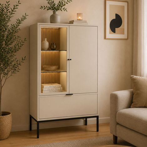 Vitrina Lolamaha, Mueble Expositor 3 Estantes, un Cajón, 2 Puertas, 76x40x116h cm Beige (1/3)