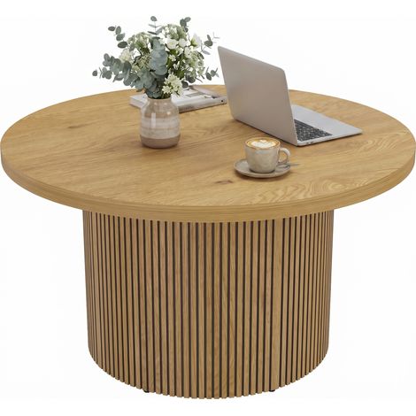 Table basse - HOMCOM - ronde - moderne - avec base cannelée - bois - 80x80x45cm - effet bois naturel