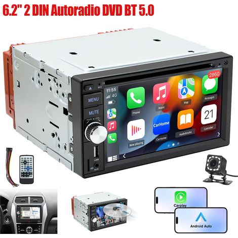 Autoradio stéréo 2 DIN, lecteur CD/DVD, Carplay, Android Auto, Bluetooth, USB, BT, AUX - 12CAM (1/5)