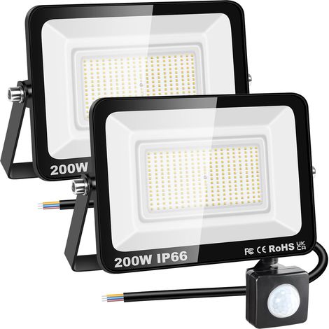 2x 200W Projecteur d'extérieur Led Avec Detecteur de Mouvement, 20000 LM 3000K Blanche Chaud, IP66 étanche Éclairage de Sécurité Extérieur, Projecteur led de Patio Garage Terrasse Jardin
