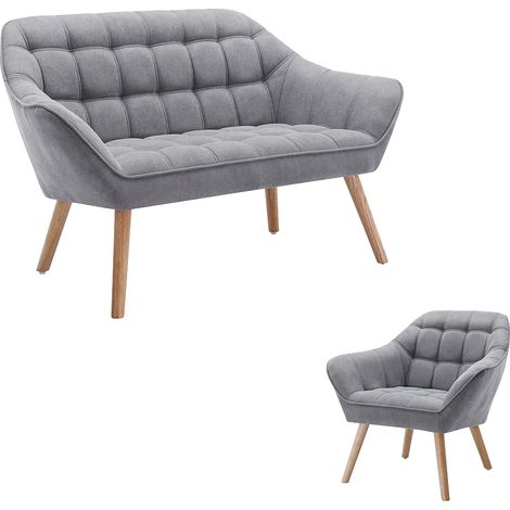 Vente-Unique – Canapé droit 2 places en tissu gris matelassé – Fauteuil droit CASERTA – Piètement bois – Charge max 240 kg – Dimensions 127x73x77 cm (1/5)