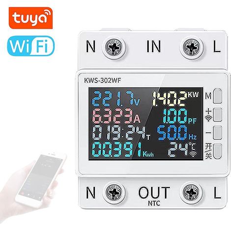 Tuya WiFi 8-in-1 Stromzähler mit Farbbildschirm, 2-polig, Multifunktions-Wechselstromzähler, Fernsteuerung per Mobiltelefon-App, C-KWS-302WF-Multicolor