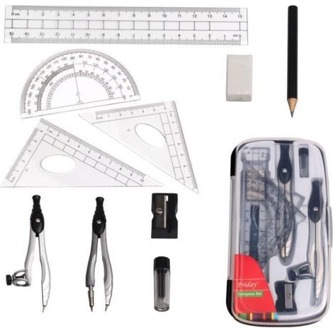 10 Pcs Ensemble de Géométrie - Kit Geometrie Compass Mathématique Règle Protractor Pencil - pour Dessins Techniques (1/5)