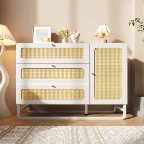 Cómoda 120x40x85 cm blanca de madera y metal con ratán, 3 cajones, armario y estantes ajustables (1/5)