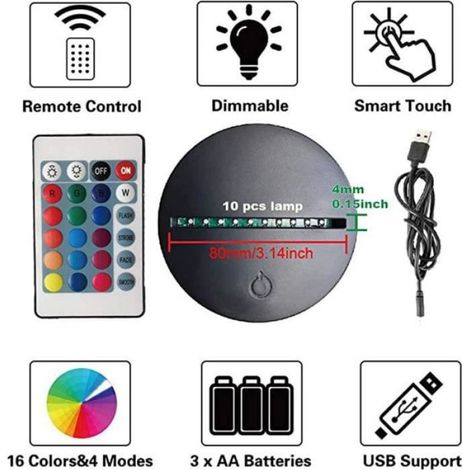 Lot de 4 bases de lampe LED de nuit, 7 couleurs, base de lampe télécommandée, câble USB réglable, Noir (1/4)