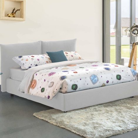 Dmora - Cama matrimonial Dbrunor, Cama contenedor con revestimiento de tela, 100% Made in Italy, Apertura frontal, con colchón Cm 160x200 incluido, Blanco (1/5)