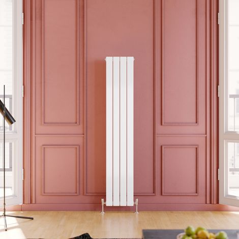 ELEGANT 1600 x 300 mm White Designer Modern Tall Bar Radiator Efficient Rads Single Flat Panel Heater Radiators + White Thermostatic Radiator Valves (1/5)