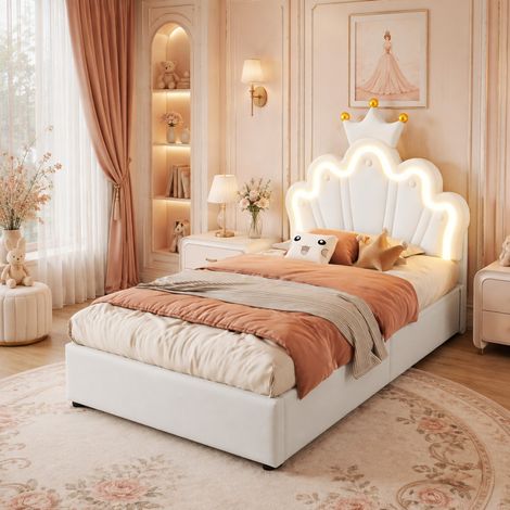 Letto contenitore 90 x 200 cm con LED, testiera regolabile, bianco DESVIAE (1/5)