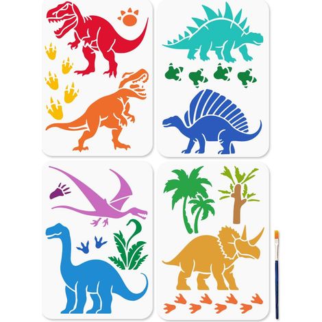 4 Pochoirs de Dinosaures 29.7 × 21cm Modèle de Peinture Tyrannosaurus Rex Empreintes de Pattes de Dinosaures Pochoirs de Plantes avec Pinceau pour Fenêtre en Bois Bricolage Album Photo (1/5)