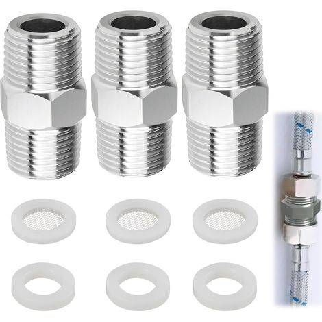 Adaptateur Tuyau de Douche 1/2, Pouce en Acier Inoxydable, Raccord Double Mâle Fileté, Rallonge Filetage Extérieur avec Joint et Filtre, Connecteur pour Flexible Douche et Robinet (1/5)
