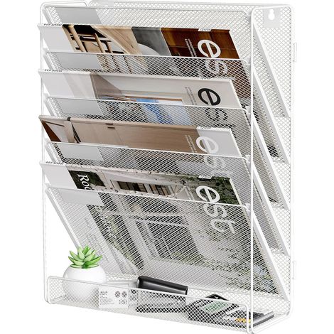 Porte - documents mural en métal 5 couches - organisateur de bureau porte - revues avec support A4 pour papier, courrier et documents - support de rangement, blanc (bureau, école, maison) (1/5)