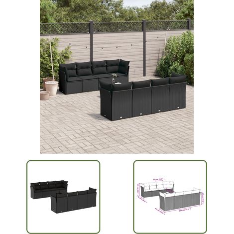 The Living Store 9-tlg. Garten-Sofagarnitur mit Kissen Schwarz Poly Rattan - Gartenmöbel Set - PE-Rattan Möbel - Outdoor Sofa - Esstisch - Lounge Garnitur (1/3)
