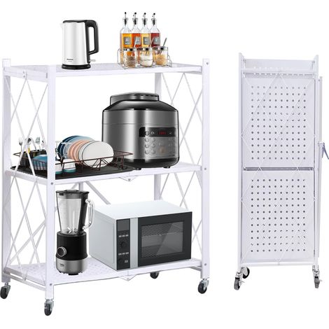 Pliable Etagere de Rangement à 3 Niveaux, Étagère Pliante en Métal avec roulettes, Étagère pour Garage Salon de Cuisine, 72 x 34 x 87 cm, Blanc (1/5)
