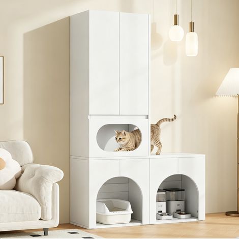 Mobile per lettiera per gatti in MDF bianco 140 x 45 x 195 cm con tiragraffi e area riposo (1/5)
