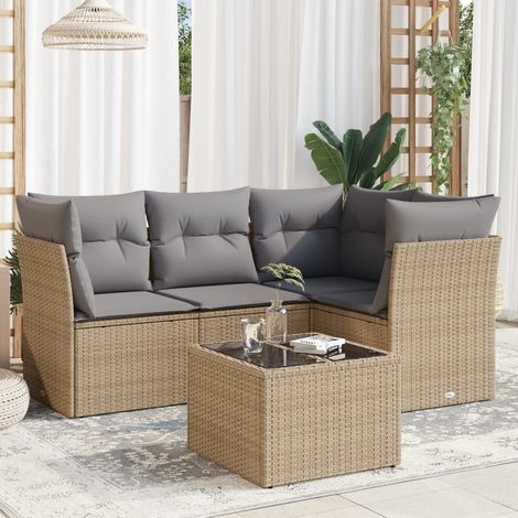 5-tlg. Garten-Sofagarnitur mit Kissen Beige Poly Rattan (1/3)