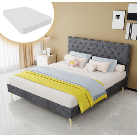 Letto moderno imbottito in velluto grigio 160x200 cm con testiera alta e rete a doghe, materasso incluso