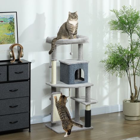 132 cm Katzenbaum mit Kratzpfosten, Bett, Haus, Sprungplattformen, Pflegebürste, Hellgrau