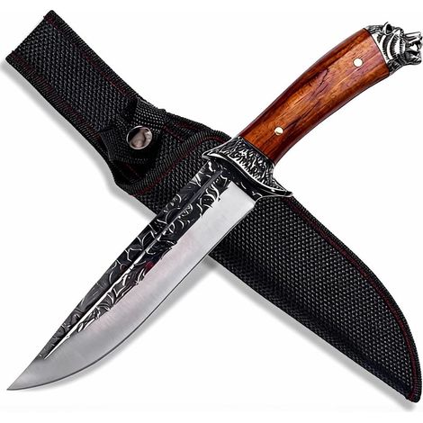Couteau Outdoor 30cm – Lame Straight-Back Fine avec Dos Noircie et Finition Marteau, Garde en S Décorée, Poignée en Bois de Hêtre Sombre avec Contrepoids Tête de Loup, Compagnon Robuste pour la Nature (1/5)
