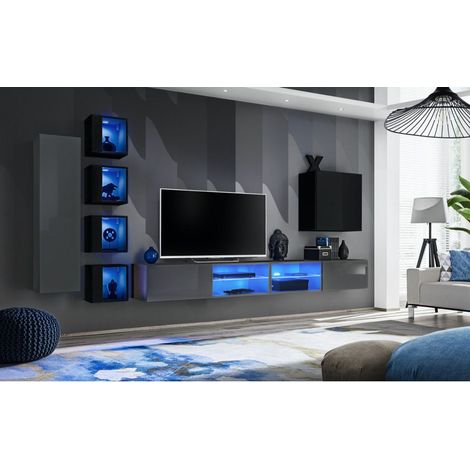 Ensemble meuble TV mural Switch XXVI - L 320 x P 40 x H 150 cm - Gris et noir - Livraison gratuite
