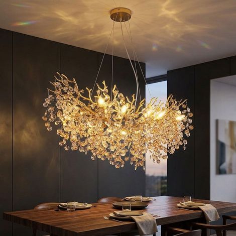 Suspension LED, lustre, lampe de salle à manger à 10 ampoules, métal doré et verre, L 100 cm (1/5)