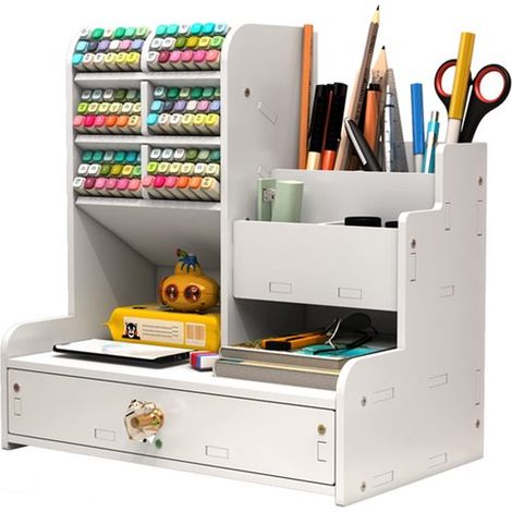 Portapenne in legno, organizer da scrivania con cassetto, portapenne multifunzionale per la scrivania, ripiano portaoggetti per scuola e ufficio. (1/5)