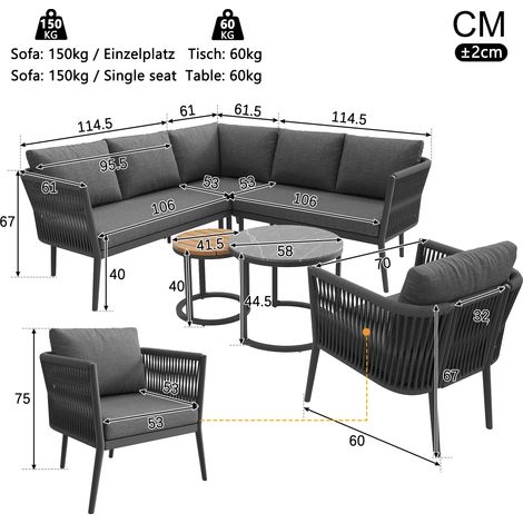 ELVMI Gartenlounge Set mit 2 Sofas, 1 Sessel, 1 Ecksofa und 2 Tischen, Metall und Olefin, Grau (1/4)