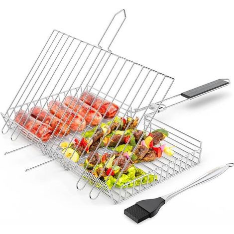 Panier à griller portable en acier inoxydable pour barbecue, idéal pour le poisson, les légumes, les steaks, les crevettes et les brochettes - Accessoires pour barbecue (1/4)