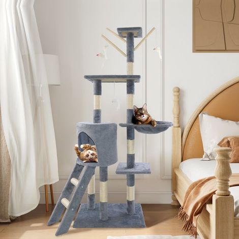 Katzenbaum 139 cm hoch - mit Kletterturm, Höhle, Sisalseil - Basis 50 x 35 cm, grau.
