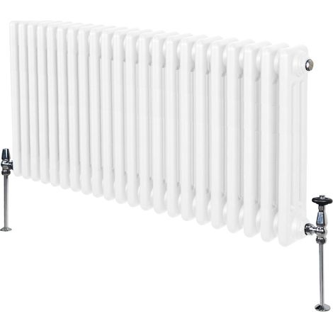 Traditioneller 3-Spalten-Heizkörper 600 x 1012mm  Horizontaler Wandheizkörper  Glänzender Weiß Kohlenstoffstahl  Wohn- Badezimmer Küche [Inkl. Reinigungsbürste, Befestigungsset & Halterungen]