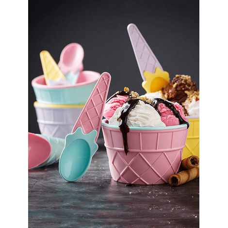 1 Ensemble bol et cuillère à glace : Verre à glace réutilisable pour décoration de fête d’anniversaire, voyage et extérieur, 1 verre +1 cuillère (1/5)