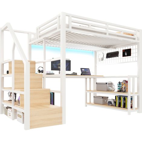 Letto a soppalco 140 x 200 cm con scrivania, LED, ripiani, ganci, porte USB e Tipo-C, struttura in metallo bianco per cameretta ordinata - CHICFURN (1/5)